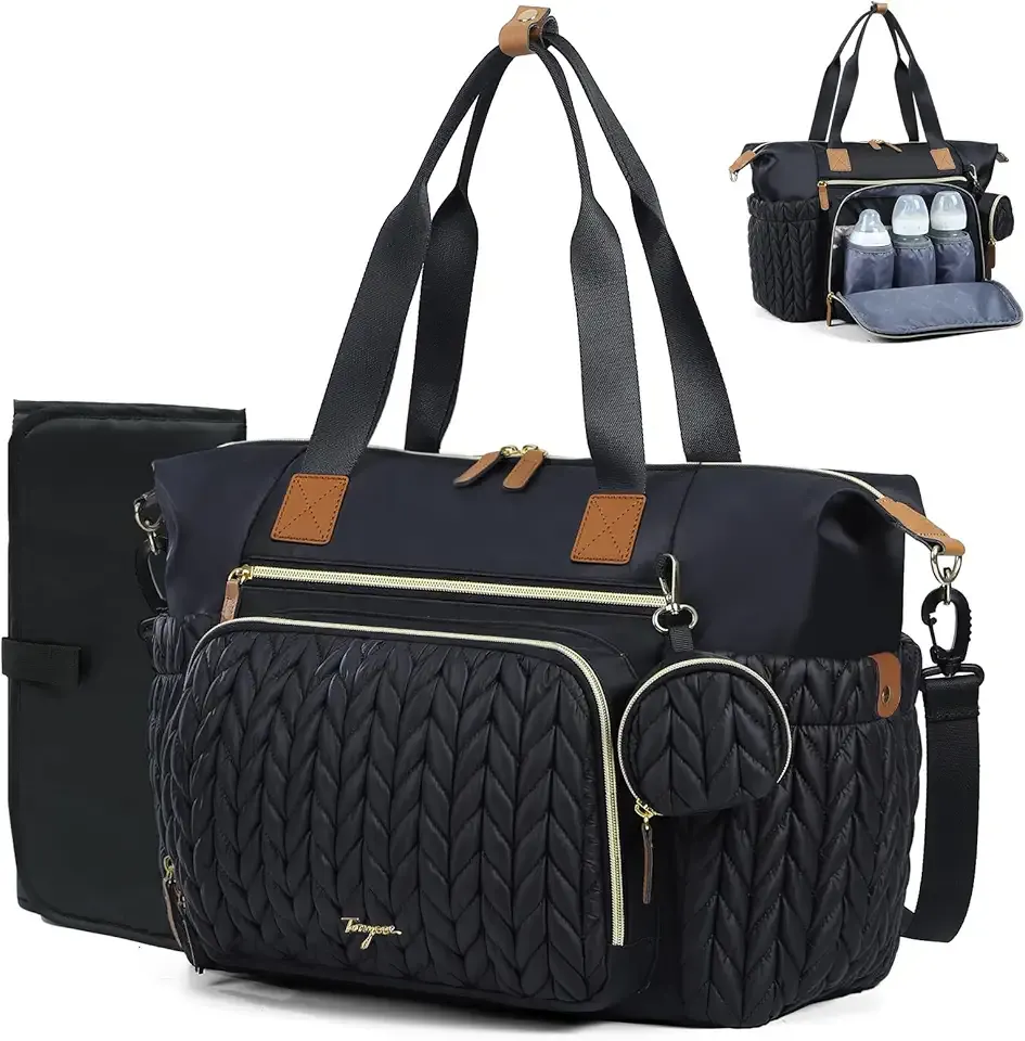 Diaper Bag Tote, Large Diaper Bags Waterproof, Hospital Bag for Labor Delivery, Baby Bag with Pacifier Case, Travel Diaper Tote with Changing Pad, Black