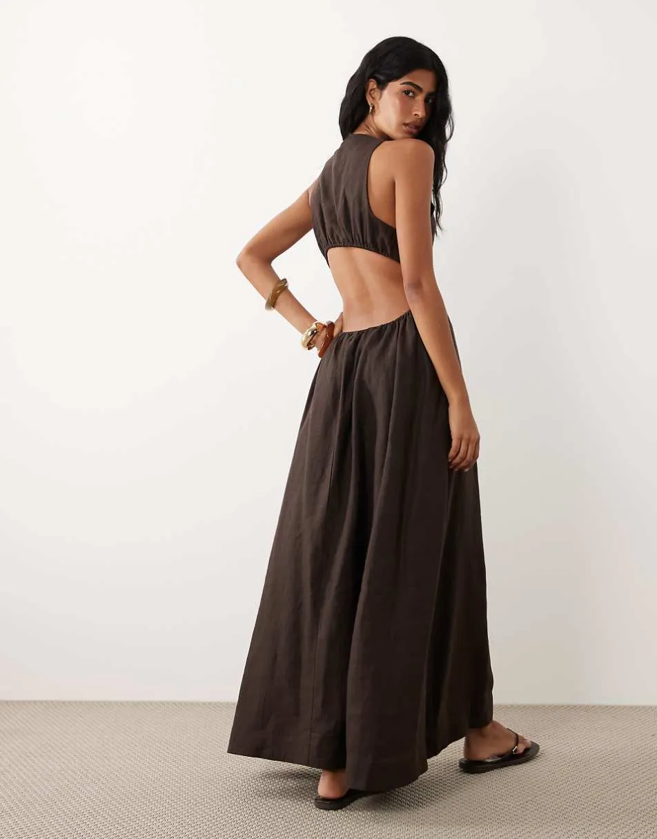 ASOS DESIGN premium 100% linen waisted maxi dress with open back in bitter chocolate