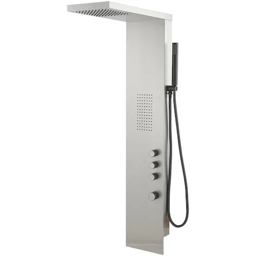 1-Jet Rainfall Shower Panel System with Waterfall Shower Head and Shower Wand in Brushed Nickel