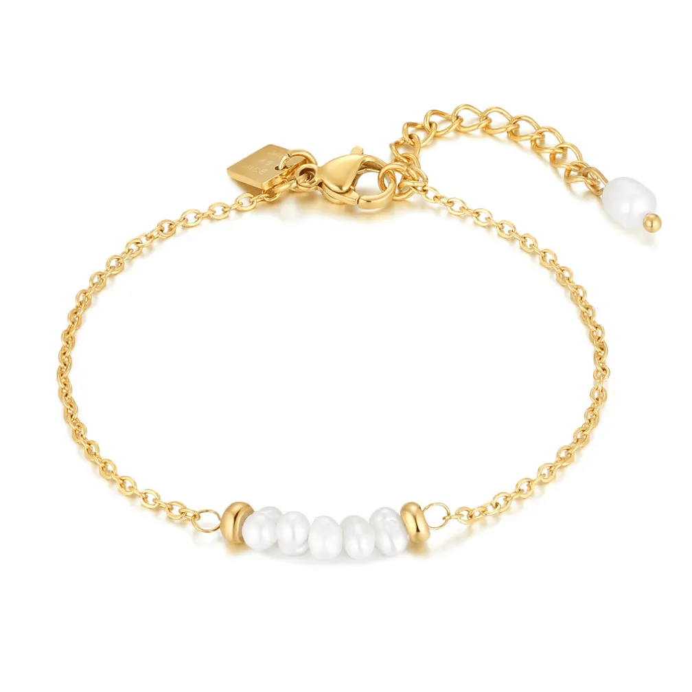 Armband in goudkleurig edelstaal, 5 zoetwaterparels