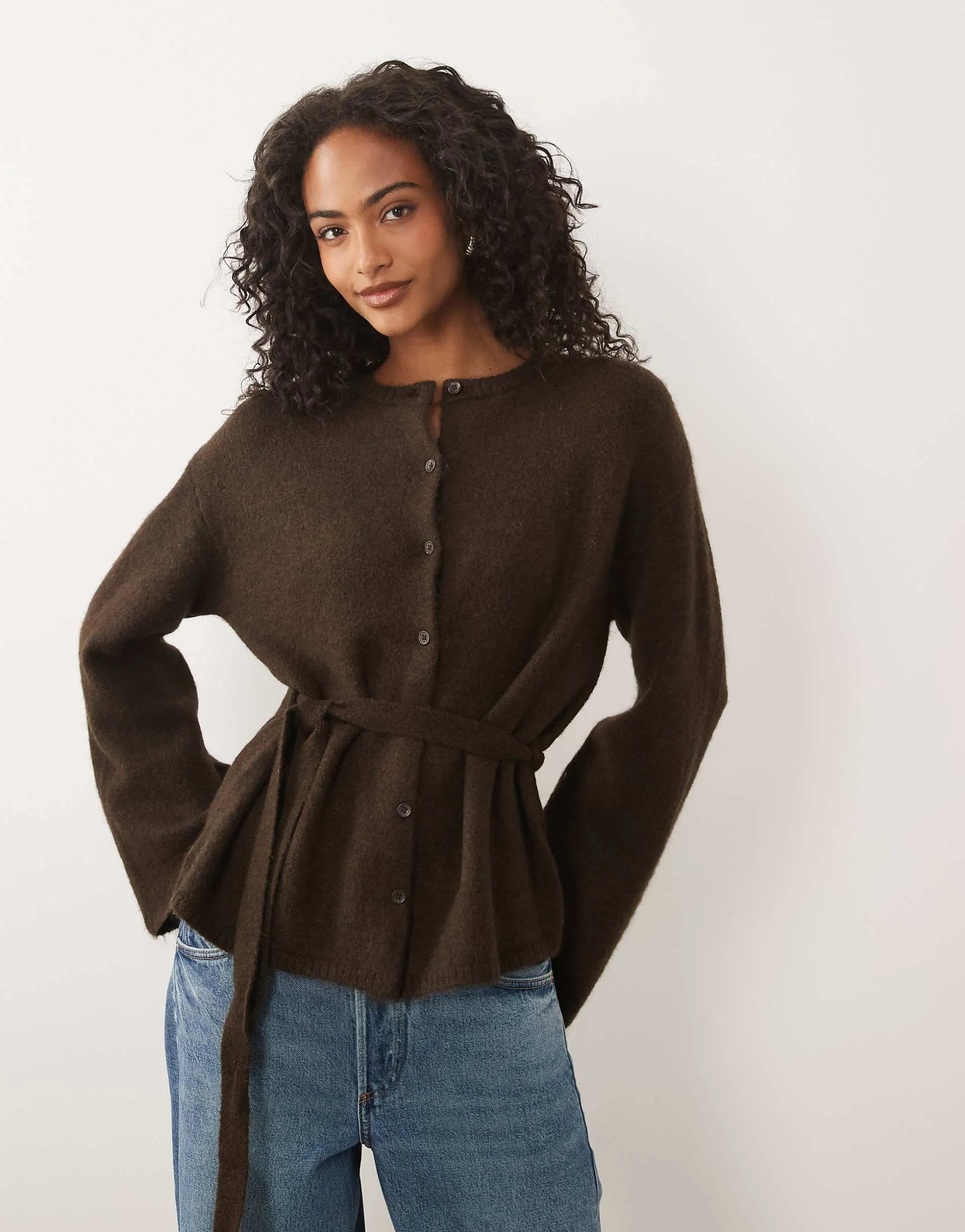 Gina Tricot wool alpaca knitted tie cardigan in chocolate brown