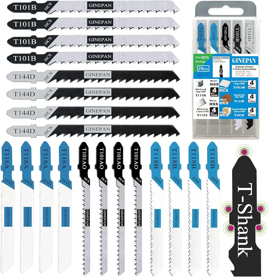 20PCS T Shank Jigsaw Blades Tool for Wood Plastic Metal Compatible with 90% Power Jig Saws Such as Bosch DEWALT RYOBI One+ Makita SKIL Black+Decker Includes 4 Each of T101B T101AO T144D T118A & T118B
