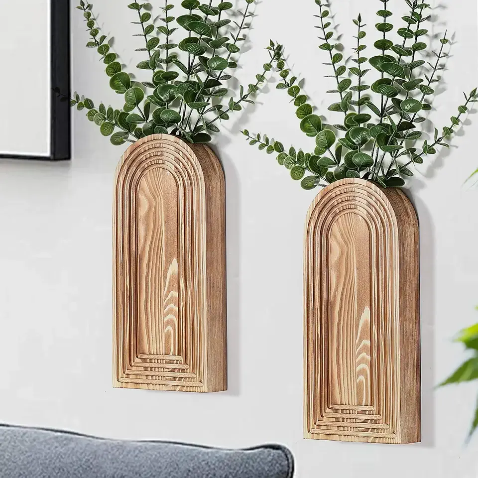 Dnnnii 2 Pack Wooden Wall Vase Set - Brown Finish Modern Farmhouse & Boho Wall Decor for Entryway, Hallway, Bathroom, Living Room, Dining Room, Narrow Spaces