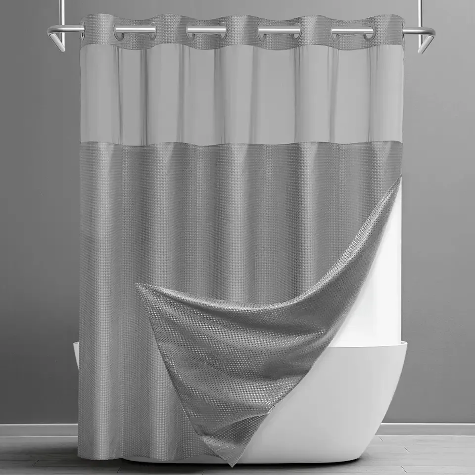 SORTTO No Hook Shower Curtain with Snap in Liner Set Waffle Shower Curtain for Bathroom Hotel Style Fabric Waterproof Inner Liner，71" W x 74" H, Grey