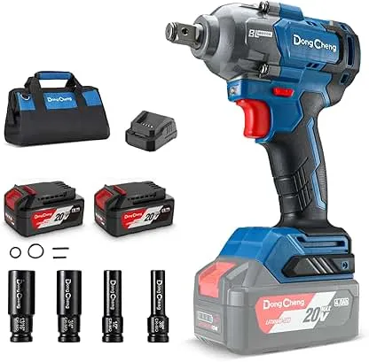 Dong Cheng 20V Brushless Impact Wrench, Max Torque 360 ft-lbs (488N.m), 1/2" with 3 Mode Speed, 2400 RPM Cordless Impact Gun, Includes 2 * 4.0Ah Battery and Charger, 4 Impact Sockets and Kit Bag Dong Cheng 20V Brushless Impact Wrench, Max Torque…
