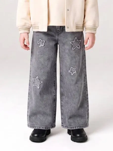 Jean large fille étoiles - denim gris