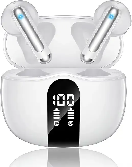 XIAOWTEK Wireless Earbuds, 2026 Bluetooth 5.4 Headphones Bass Stereo Ear Buds with Noise Cancelling Mic, LED Display in Ear Earphones 50H Playtime Ear Buds, IP7 Waterproof for Laptop Pad Phones White