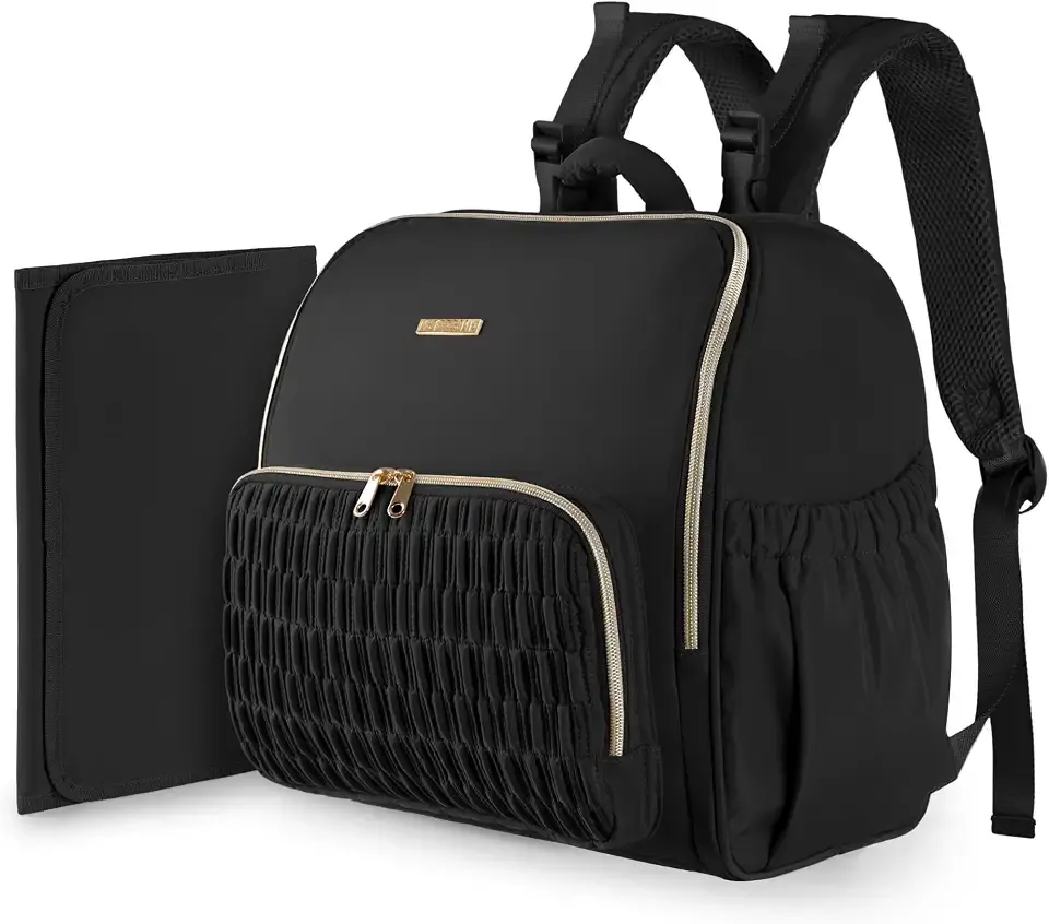 Marscamd Diaper Bag Backpack with Changing Pad, Baby Diaper Bag, Black | with Stroller Straps, Insulated Bottle Pockets, Luggage sleeve, for Baby Essential