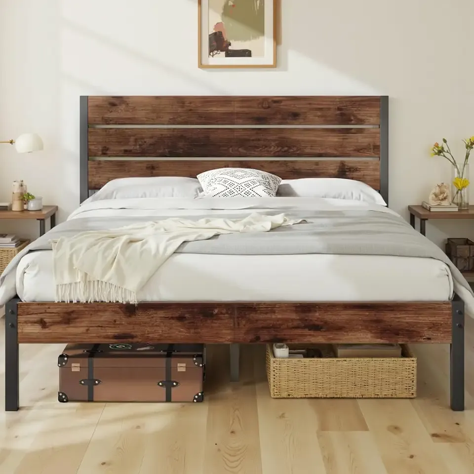 Fluest Queen Bed with Headboard and Footboard, with Under Bed Storage, All-Metal Support System, No Box Spring Needed, Easy Assembly,Retro Brown
