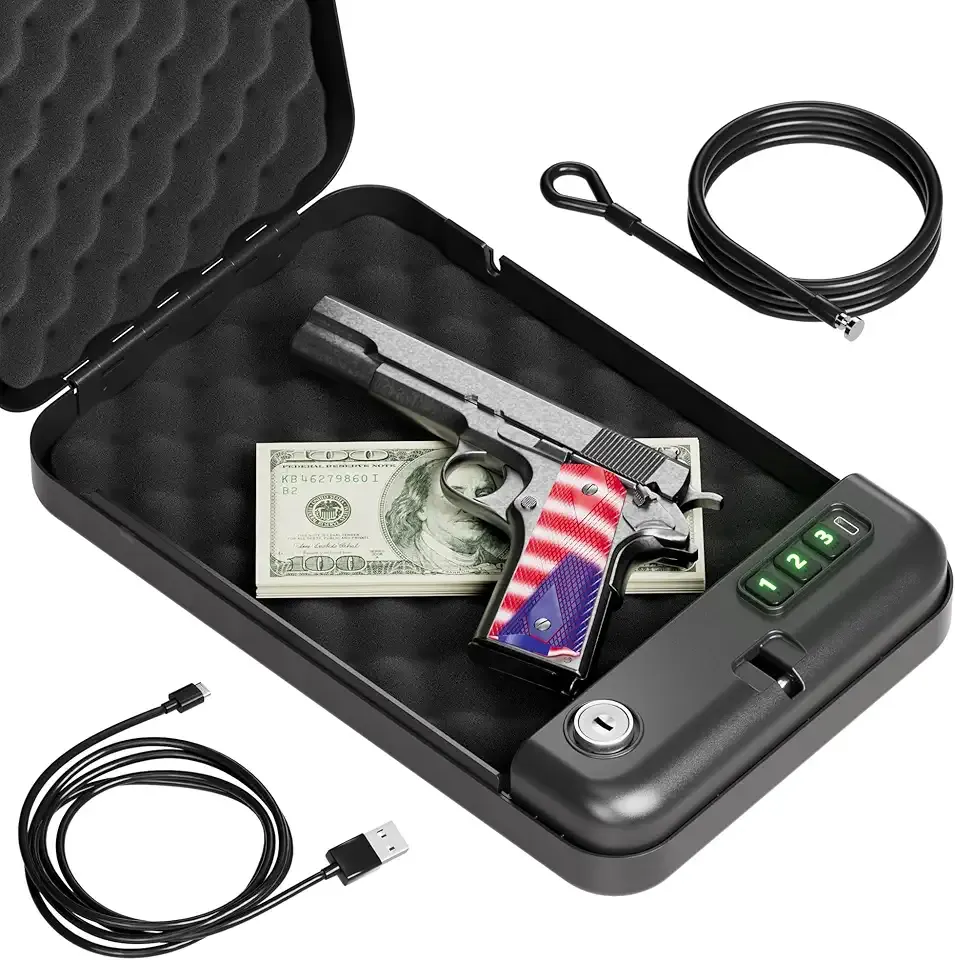 Grimtron Portable Pistol Safes – Electronic Lock Box & Key Access, Silent Mode, Compact Car Gun Safe for Handgun, Small Single Safe for Travel, Office, Dorm Use