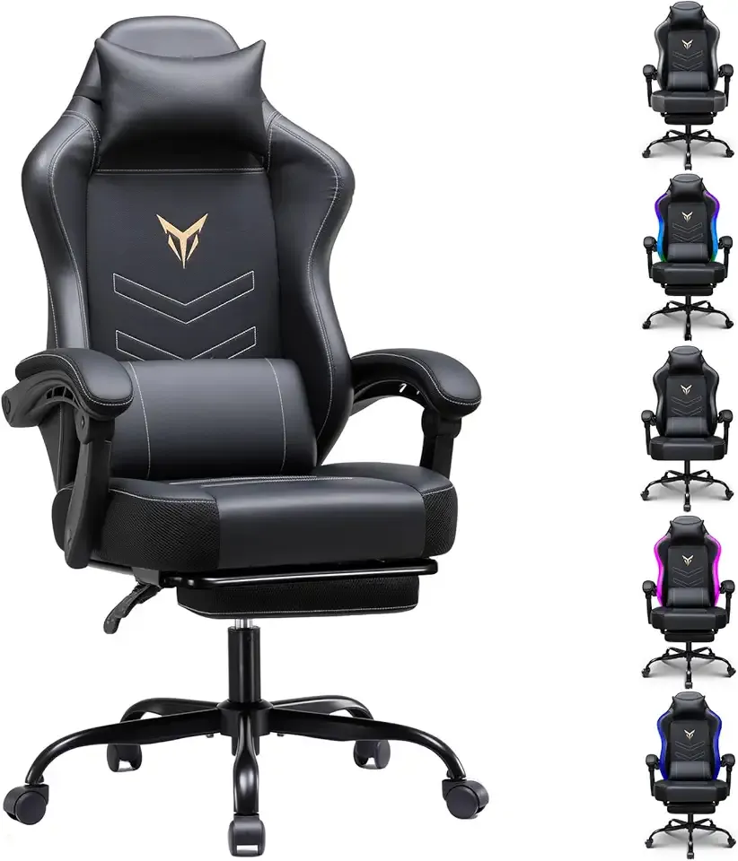 GTPLAYER Gaming Chair, Office Chair High Back Computer Chair with Foot Rest for Adults, Leather Desk Chair Executive Ergonomic Height Adjustable with Headrest and Lumbar Support, 300lbs Black