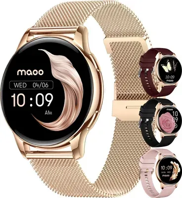 Maoo Ventura AMOLED Smartwatch Damen, RVS und 3x Silikonarmband, Schrittzähler, Herzfrequenzmesser, Schlafmonitor, Multisport, Android & iOS, Roségold