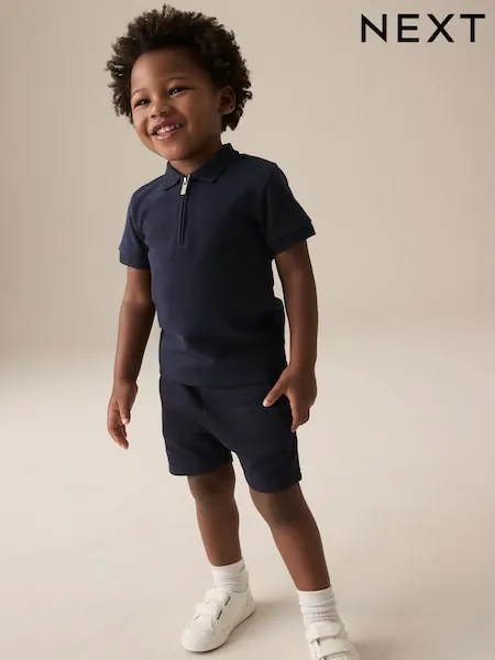 Neutral Zip Neck Short Sleeve Polo Shirt And Shorts Set (3mths-7yrs)