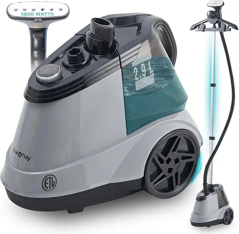 True & Tidy Heavy Duty Commercial Full Size Standing Garment Steamer for Clothes with Extra Large 2.9L (98 oz) Water Tank for 90+ mins of Steam Time, 1800 watts of Powerful Steam, 3 Settings, Gray
