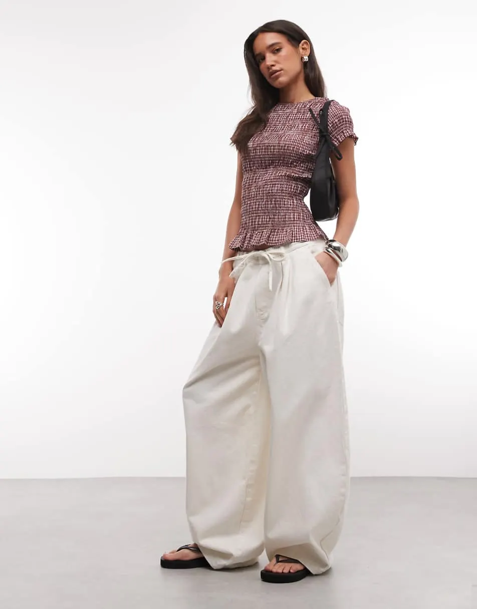 Daisy Street shirred short sleeve top in pink check
