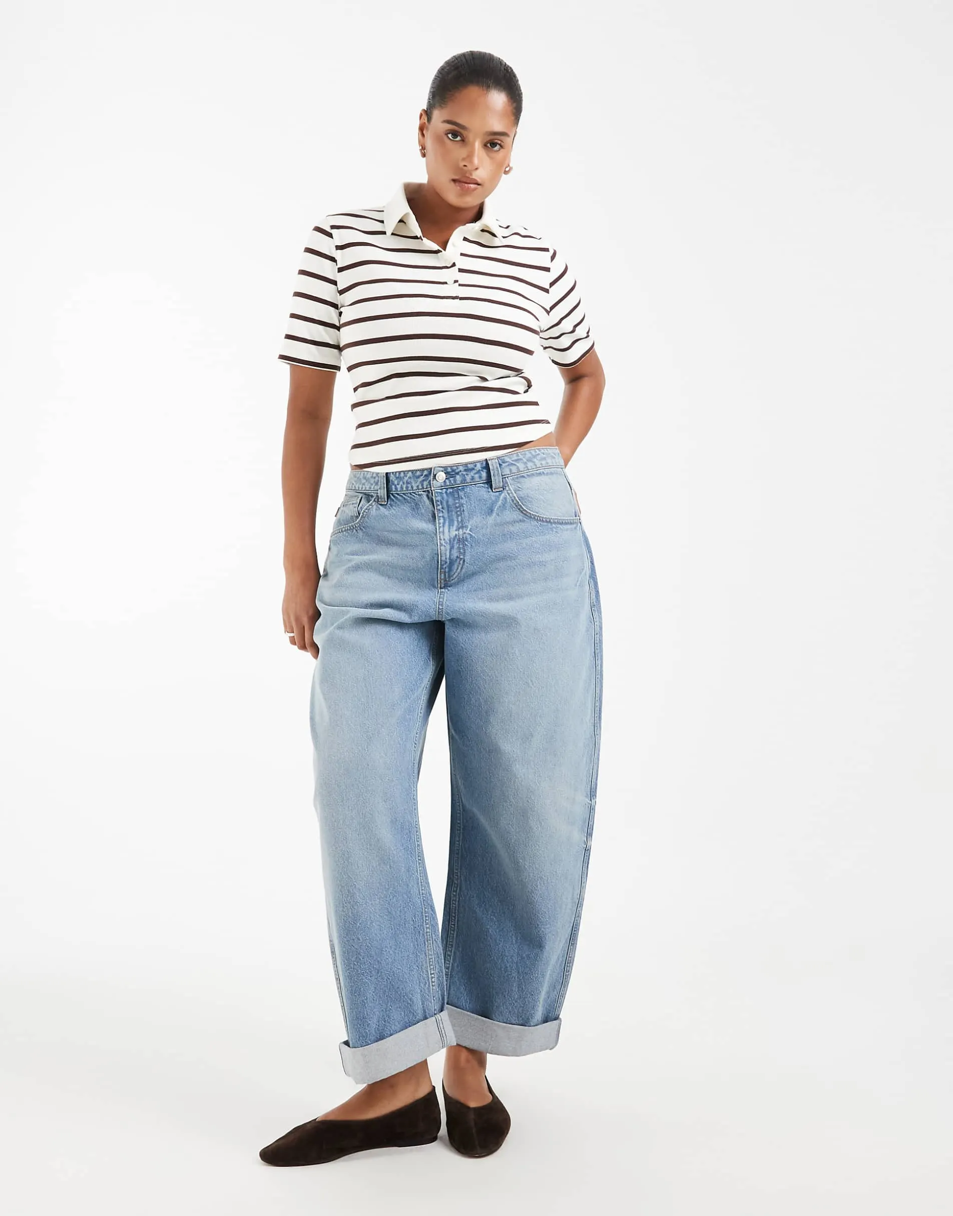 ASOS DESIGN Curve high rise relaxed roll up jeans in midwash blue
