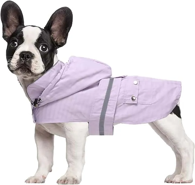 Dog Raincoat Puppy rain Jacket with Removable Hood for Small Medium Breeds Reflective Strap Storage Pockets in Cold Day Purple M