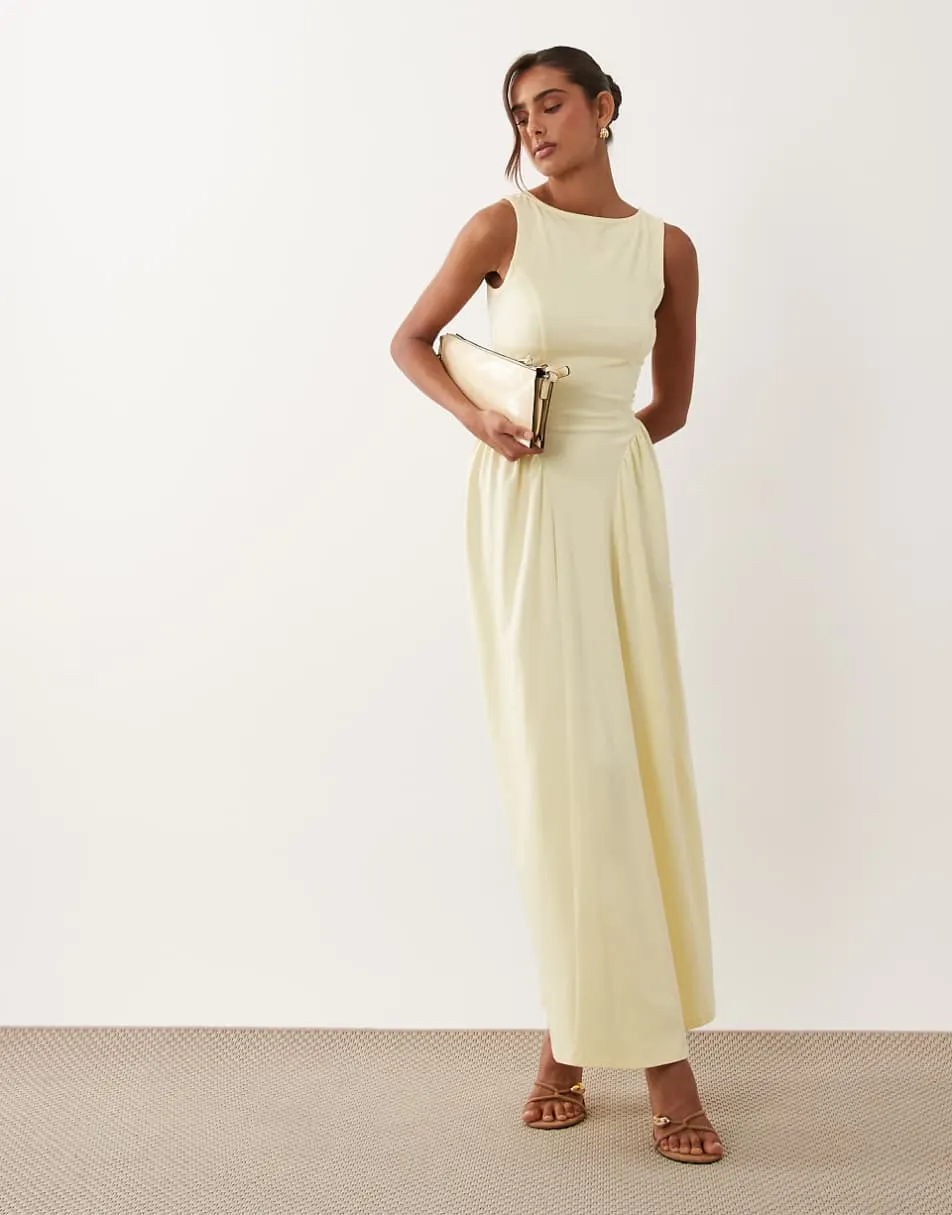ASOS DESIGN boat neck waist detail midi dress in yellow