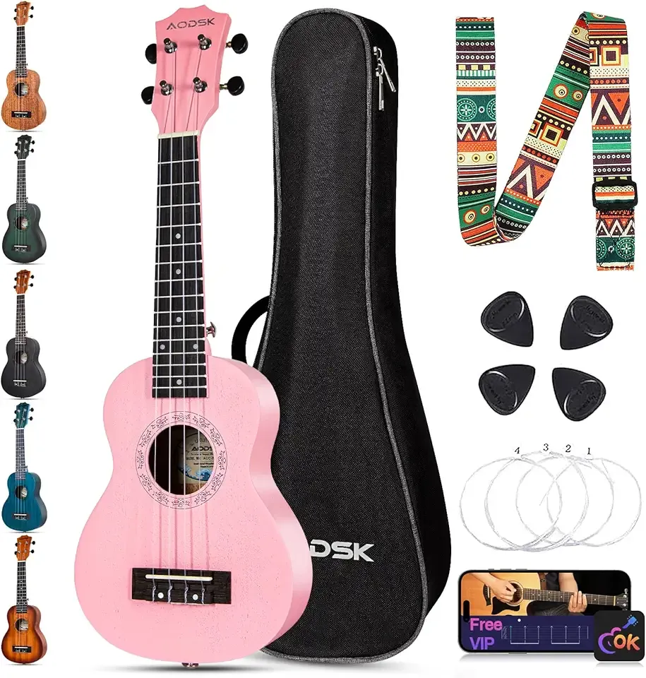 AODSK Soprano Pink Ukulele for Beginner 21 Inch Ukelele with Gig Bag Strap Nylon String 4 Picks Holiday Gift