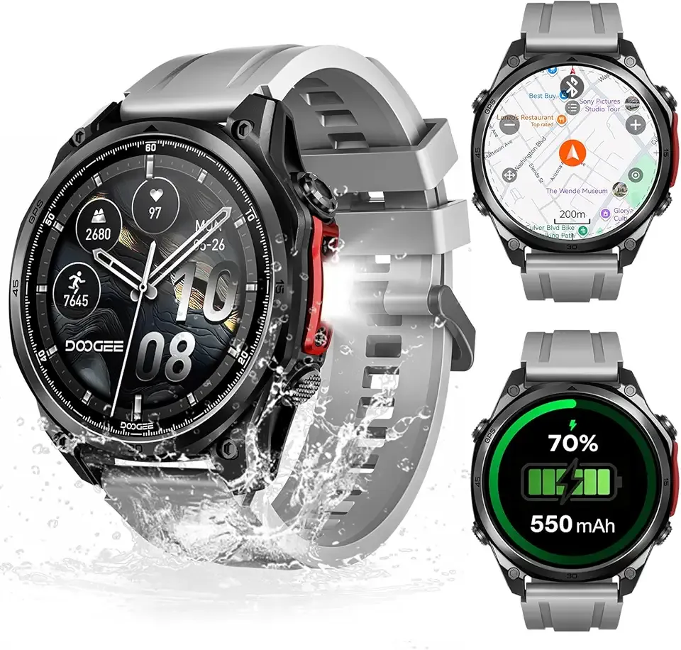DOOGEE Anywise W1 Pro Mens Smart Watch, 5ATM Dual-Band GPS Offline Maps,1.43'' Fitness Smartwatches for Android Phone/iPhone Compatible,170+ Sports Modes, Answer/Make Calls/12 Days Battery/2 Strap