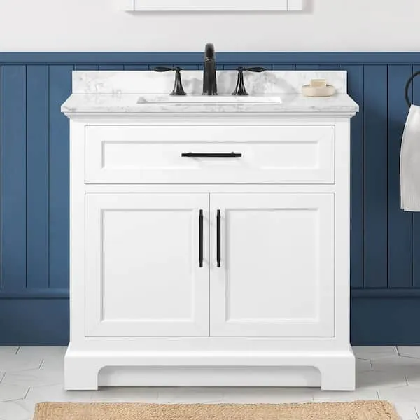 Home Decorators Collection Doveton 36 in. Single Sink Freestanding White Bath Vanity with White Engineered Marble Top (Assembled)