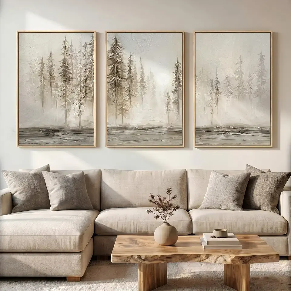 Framed Neutral Wall Art for Living Room, Large 3 Piece Abstract Pastel Grunge Forest Landscape Tree Canvas Artwork Set, Modern Art Decorative Nordic Painting Picture Prints for Hallway Office 24x36 In