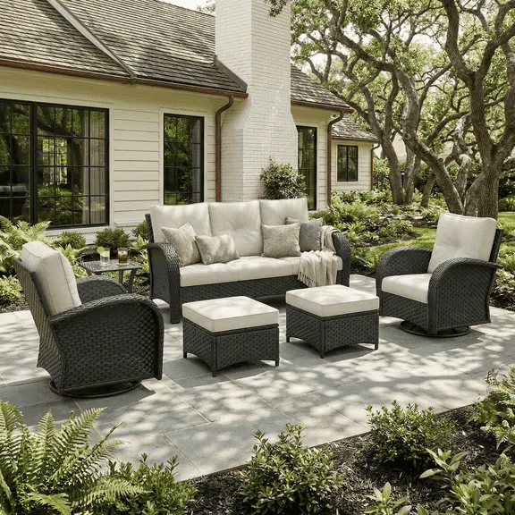 LayinSun 6 Pieces Patio Outdoor Conversation Set, Wicker Furniture Set with Swivel Chairs and Ottomans 7-Seat