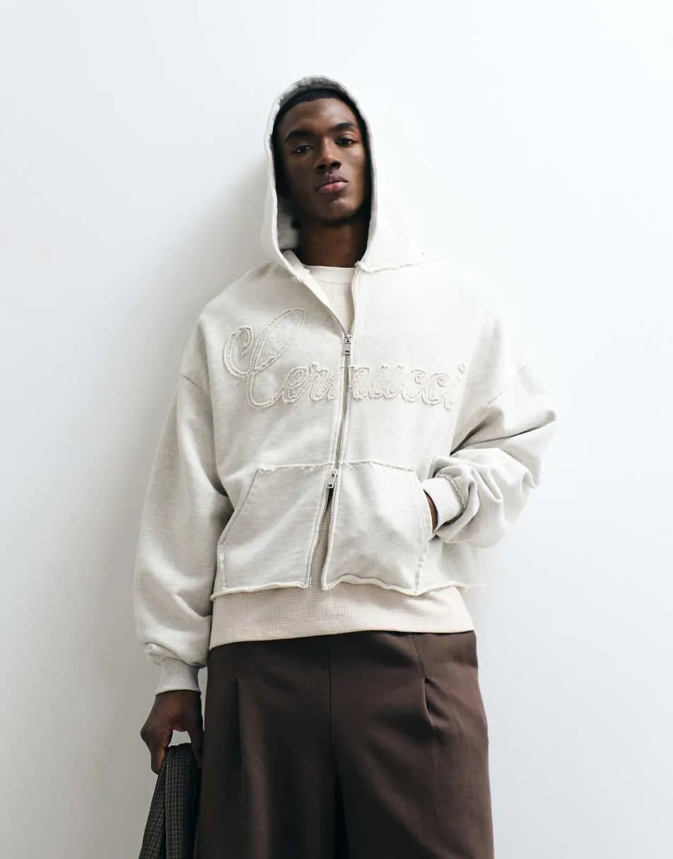 Cernucci 100% cotton boxy fit zip through hoodie with applique logo detail in ash grey