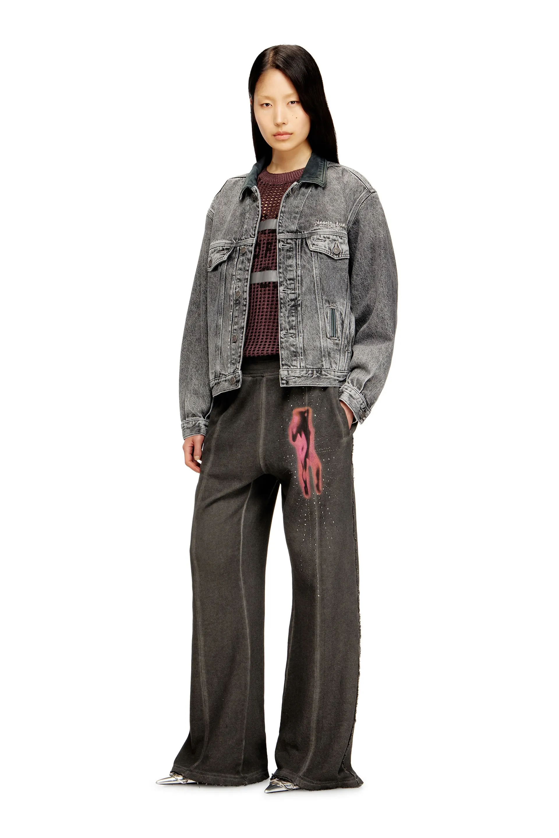 Denim trucker jacket with tonal leather trims
