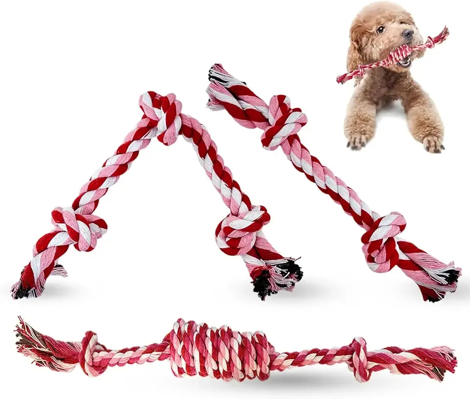 Puppy 3 Pack Cotton Knot Rope Toys for Small Dogs & Puppies, Durable Teething & Tug of War Chew Toy, Safe Interactive Toy for 2-8 Months Pets and High Active Puppy (Pink, Small)