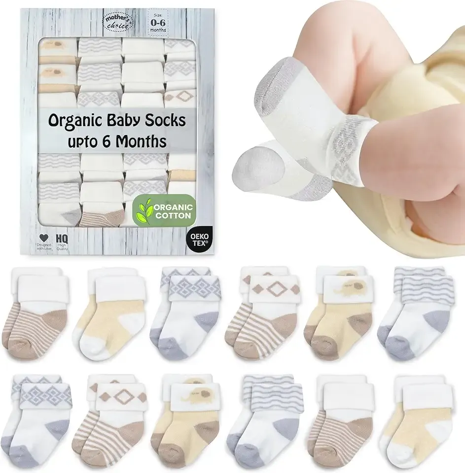 Mother's Choice Organic Cotton Baby Socks Infant 0-6 Months - 12 pairs Soft, Cozy, and Gentle Newborn Socks for Girls & Boys, Perfect Baby Sock for Everyday Wear, and Infant Comfort