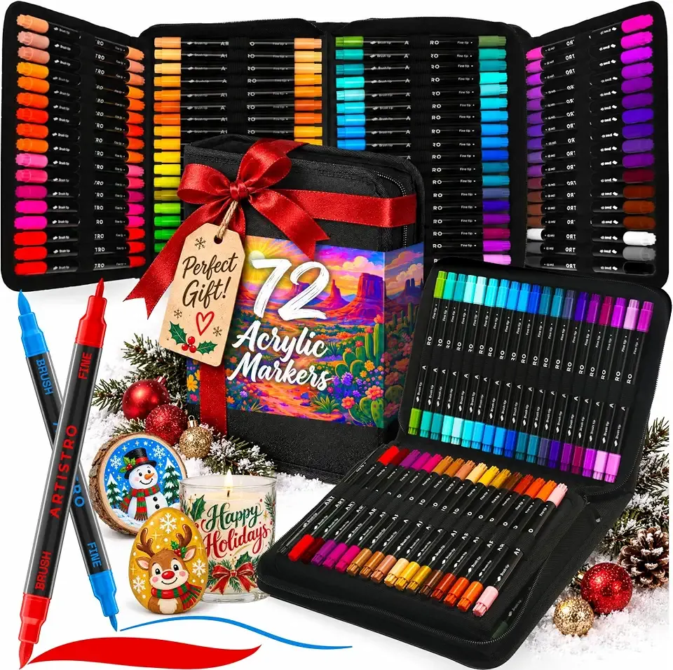ARTISTRO 72 Acrylic Paint Markers, Dual-Tip Paint Pens, Black Bag