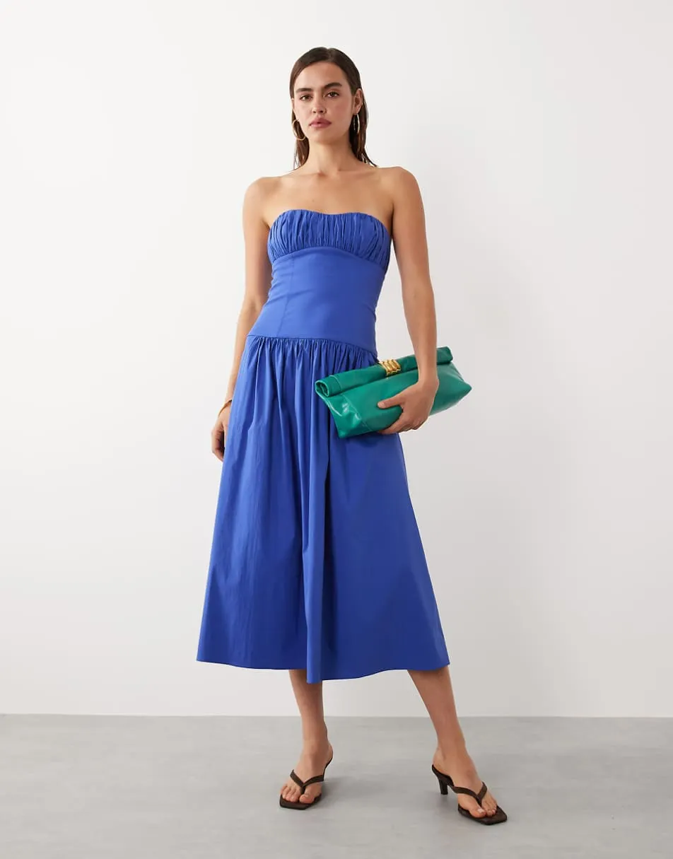 Mango starring Hailey Bieber structured off shoulder drop waist maxi dress in electric blue