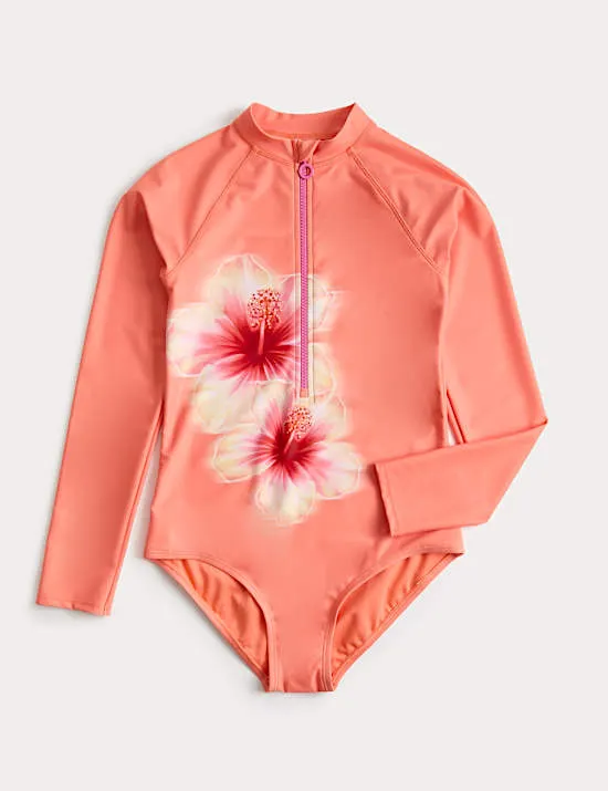Hibiscus Print Long Sleeve Swimsuit (6-16 Yrs)