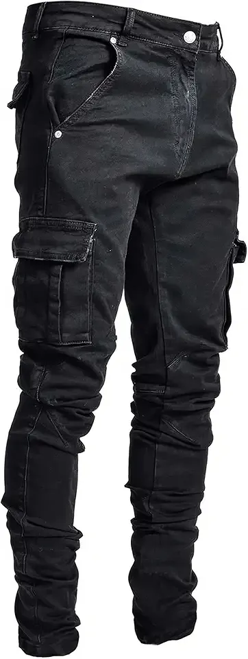 Cargo Jeans for Men Slim Fit Stretch Straight Leg Pants Skinny Fashion Denim Jeans with Multi Pockets