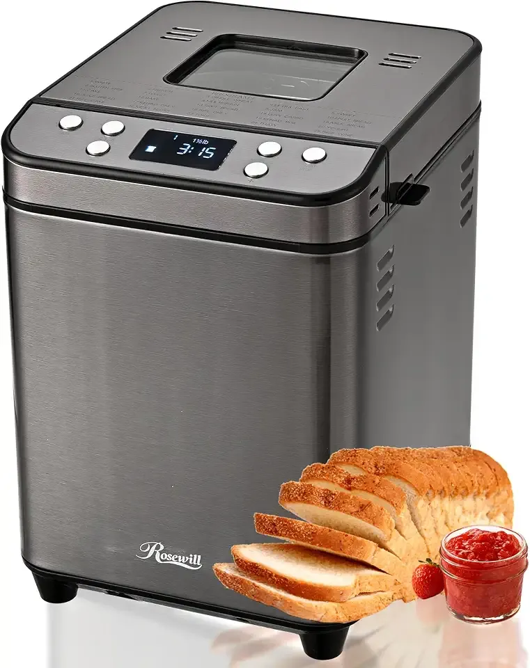 Rosewill 25-in-1 Automatic Bread Maker Machine with 3 Loaf Size up to 2 Lb, 700W High Power Dual Heater with BPA-free Nonstick Coating Pan, Max 15 Hours Delay Timer, Low Noise - Gray