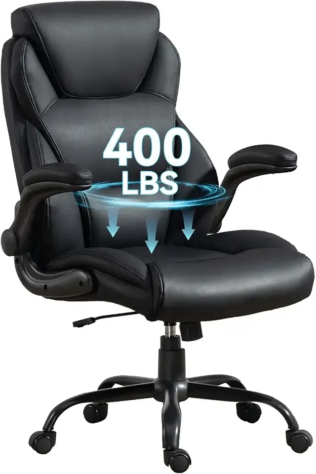 Brage Living Big and Tall Office Chairs 400LBS Heavy Duty High Back Leather | Comfortable Desk Chair with Flip-up Arms, Swivel Rolling Computer Chair for Heavy People, Black