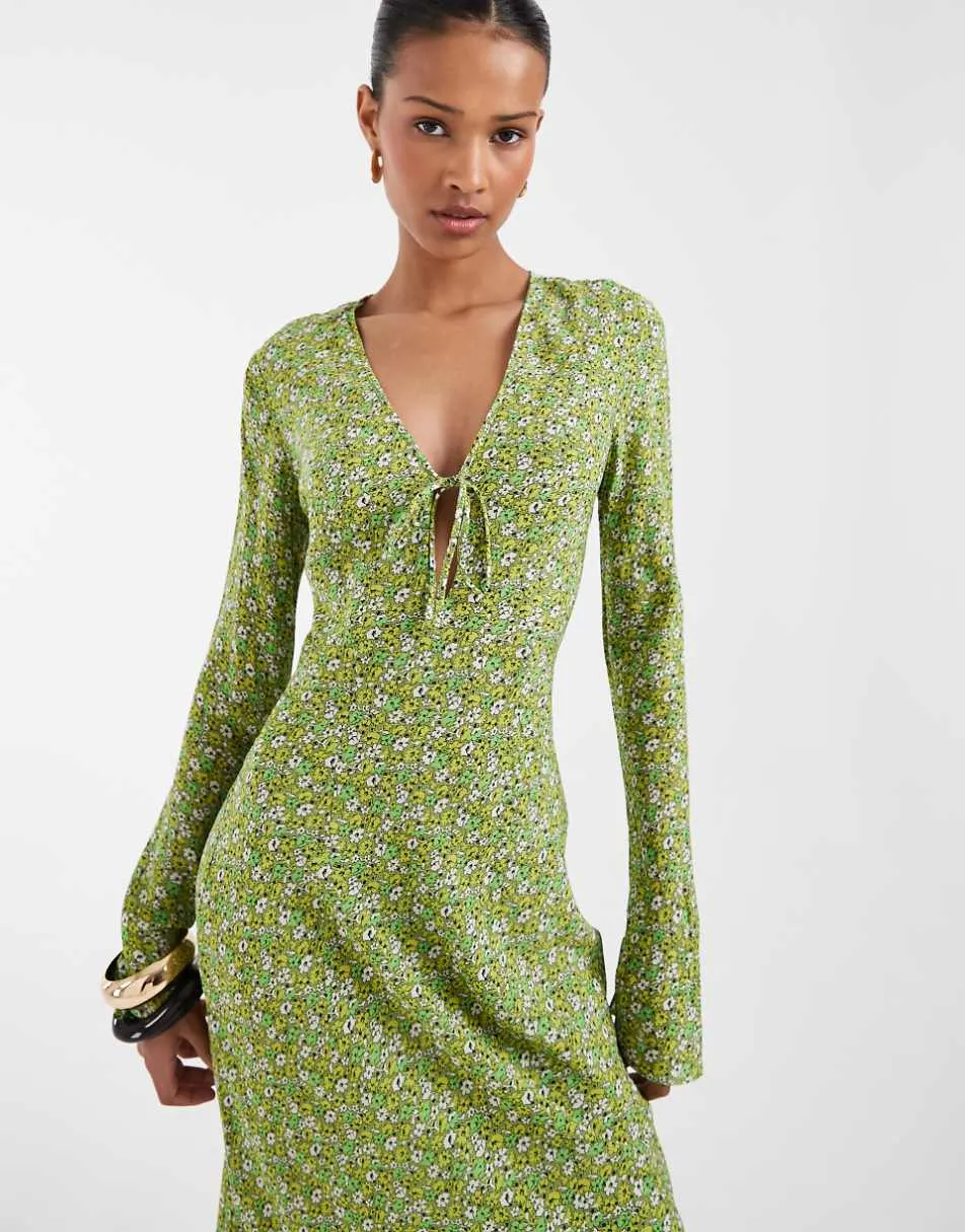 & Other Stories vee neck bias cut dress with fluted sleeves in green ditsy floral