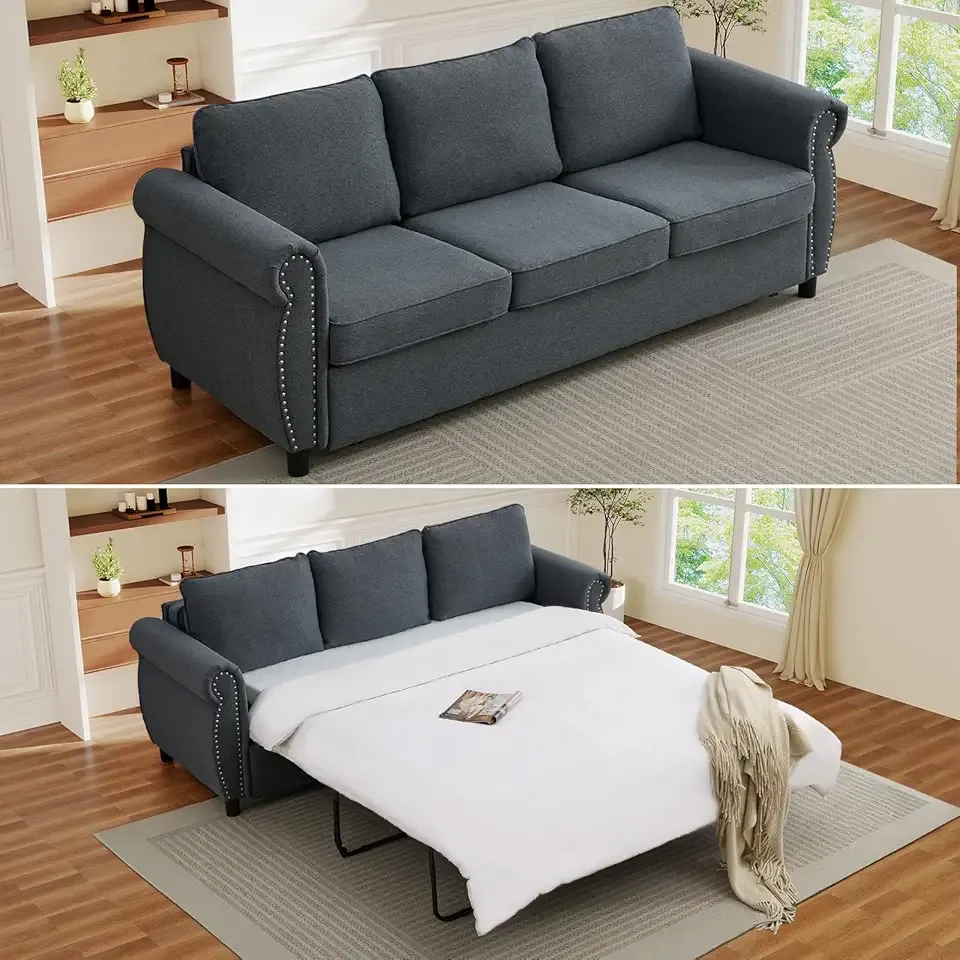 Queen Pull Out Sofa Bed, 2-In-1 Pull Out Couch Bed with Memory Foam Mattress & Riveted Rolled Armrests, 3 Seater Convertible Sleeper Sofa, Foldable Couch for Living Room, Bedroom, Apartment(Dark Grey)