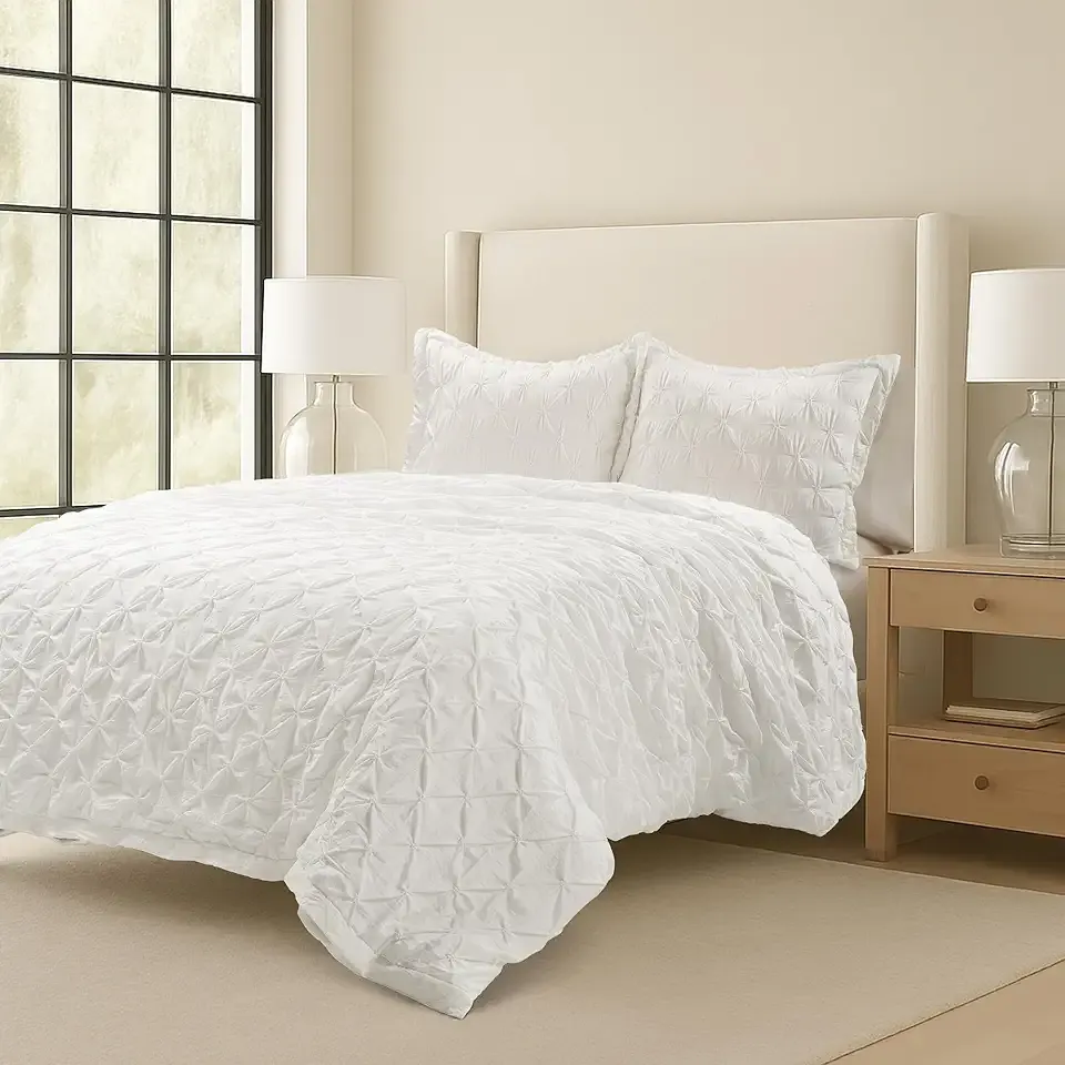 Lush Decor Juliette Pintuck Duvet Queen Size 3 Piece Set Full/Queen, White - Farmhouse Bedding Set Queen - White Duvet Sets - Cottage Core