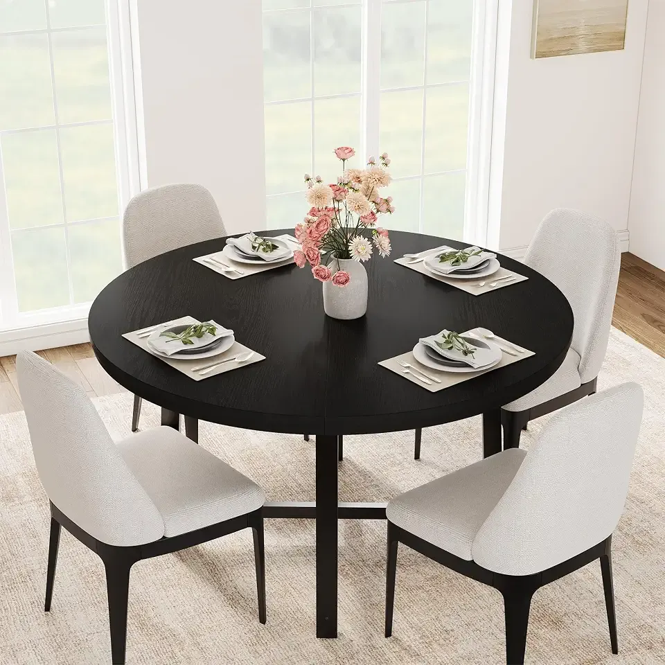 Garvee 47.2 in Round Black Dining Table for 4 (Table Only) | Industrial Wood Kitchen Table with Sturdy Metal Frame, Space Saving Modern Dining Room Table for Small Spaces, Apartment