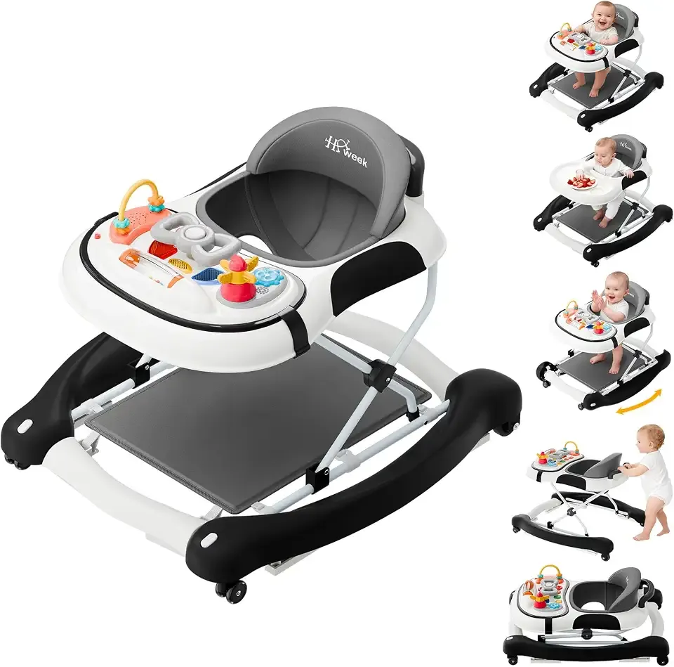 5-in-1 Foldable Baby Walker,Music and Lights Baby Walker with Wheels,Height Adjustable Infant Walker, with Activity Center, Rocker, Bouncer,Push Walker & Feeding Tray for Babies 6-18 Months (Black)
