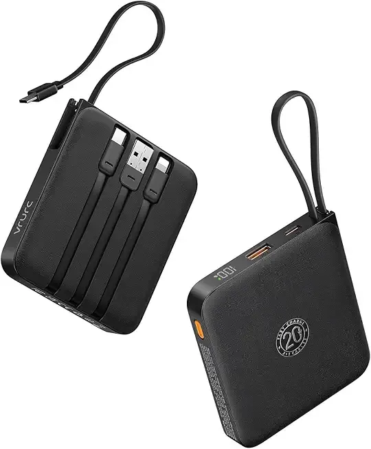 VRURC Portable Charger with Built-in Cable, 10000mAh 22.5W Fast Charging USB C Battery Pack, Cell Phone Power Bank for iPhone 17 16 15 Series Android Tablet (Black)