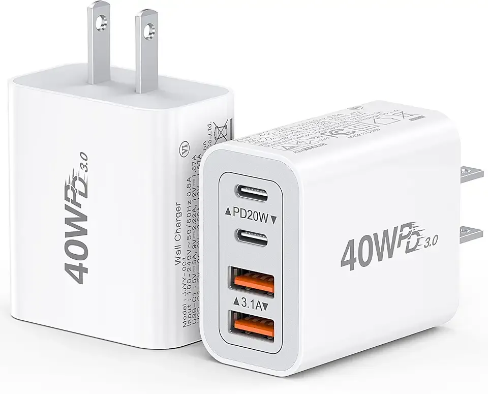 [2-Pack] 40W USB C Charger Cube, Wall Plug Fast Charging Block, 4-Port PD+QC Power Adapter Multiport Brick Type C Box for iPhone 17/16/15/14/13/12/11/Pro Max/XS/XR/8/7, Tablets, Samsung