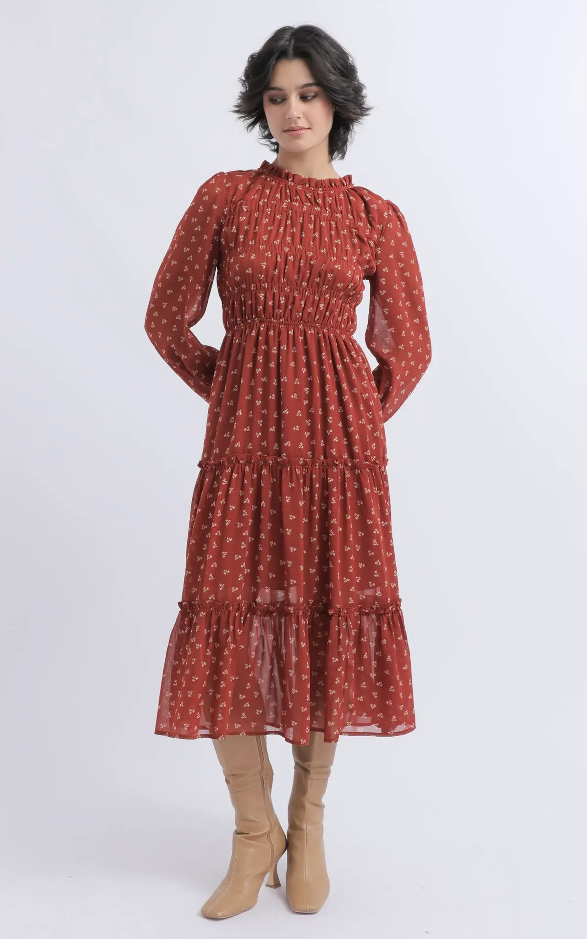 Chiffon Shirred Bodice LS Dress