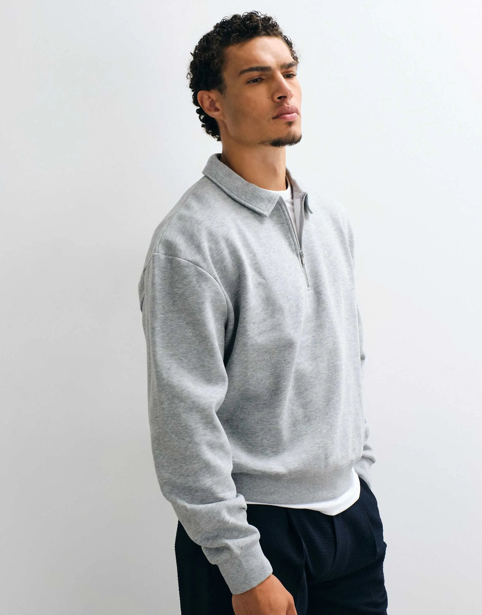 ASOS DESIGN boxy relaxed quarter zip sweatshirt with collar in grey marl