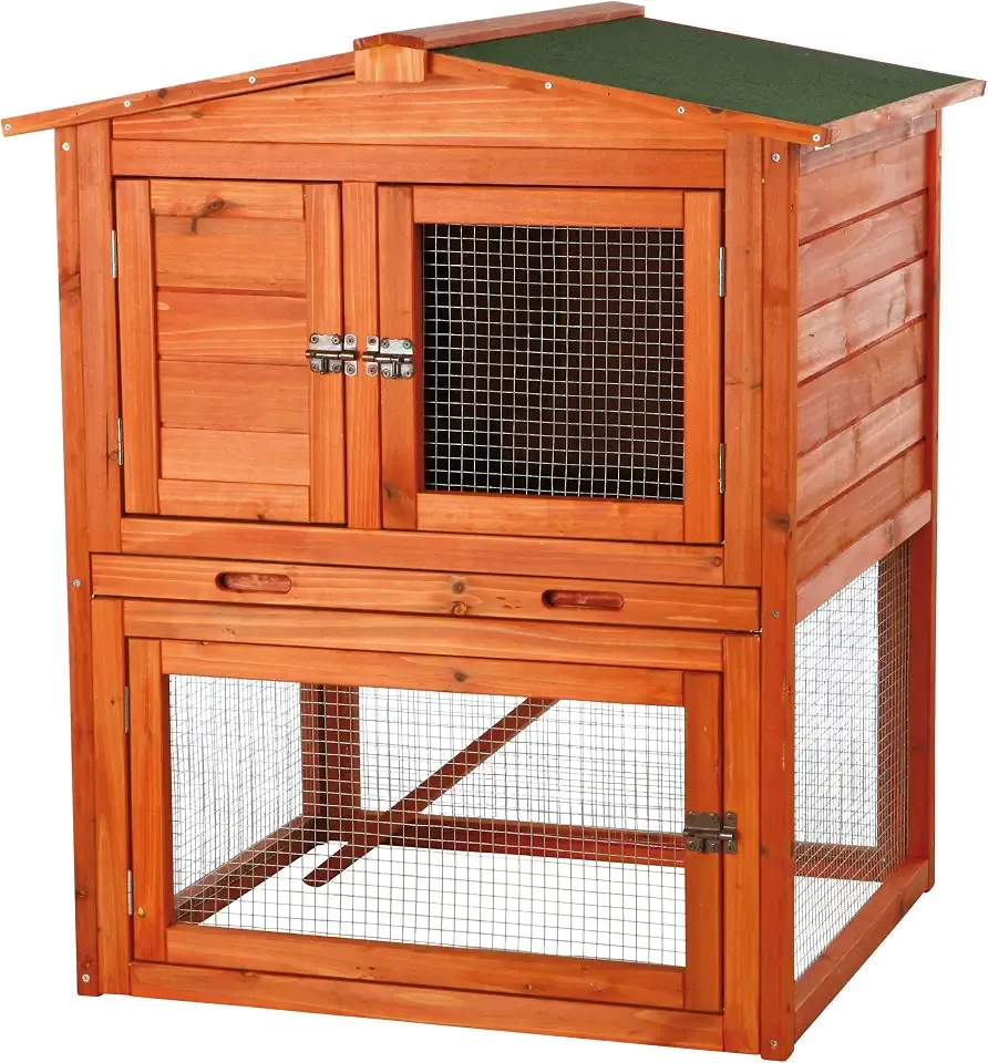 TRIXIE natura Outdoor Rabbit Hutch with Run - Small 2-Story Rabbit Cage with Non-Slip Ramp - Elevated Small Animal House with Secure Playpen, Hinged Roof & Pull-Out Tray - in Natural