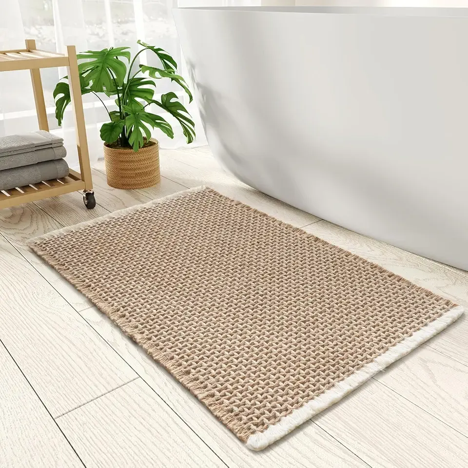 Checkered Bath Mat, Super Absorbent Non Slip Bath Mats for Bathroom Floor 3D Two Tone Woven Bathroom Mat with Tassels Machine Washable Bathroom Rugs Beside Tub, 17" x 24", Brown & Cream