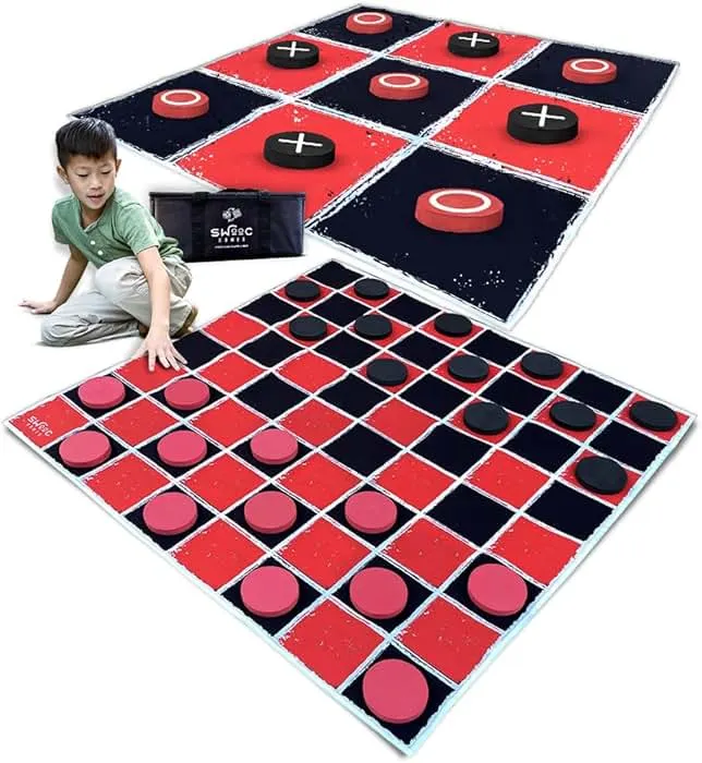 Swooc Games® - 2-in-1 Vintage Giant Checkers & Tic Tac Toe Game W/Mat (4ft x 4ft) - 100% Machine-Washable Canvas - Giant Outdoor Games for Kids - Yard Game for Kids - Jumbo Lawn Set - Large Checkers