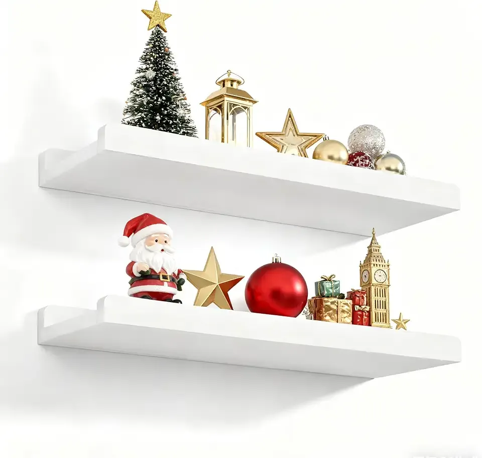 Floating Shelves Wall Mounted Set of 2, 17 Inch Rustic Wood Wall Shelves for Storage, Bedroom Living Room Bathroom Kitchen Office and More White